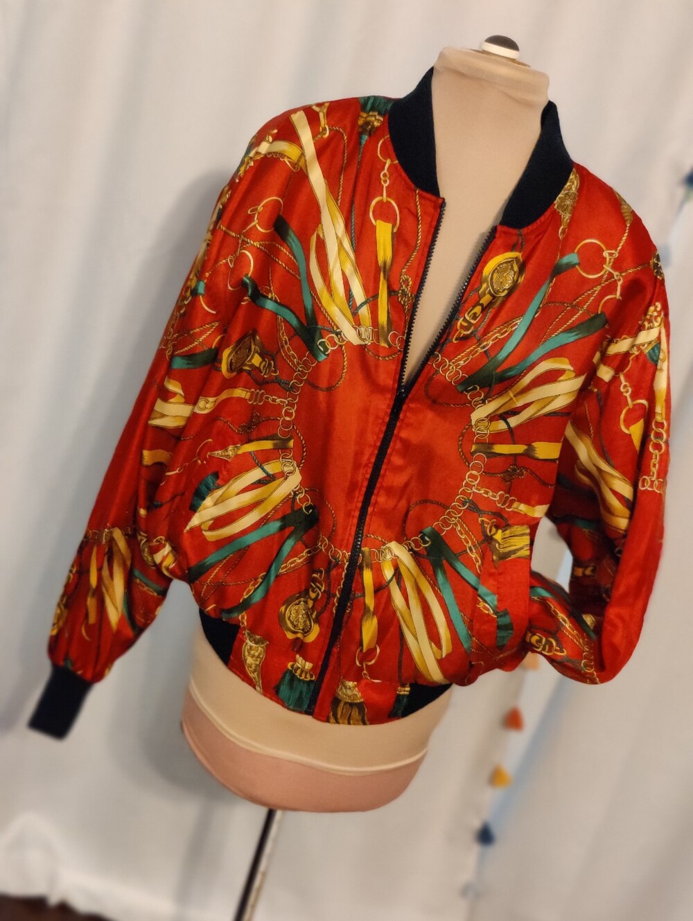 Bold Equestrian Print Bomber Jacket Satin Slick Vintage 80s Full Zipper Front